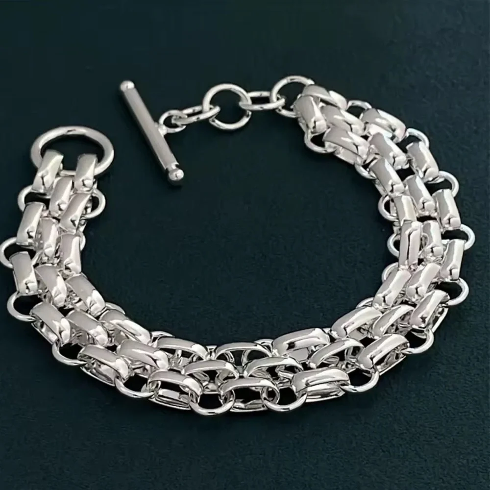 Sterling Silver Chain Link Cuban Mesh Lattice Stamped 925 Bracelet - Picture 4 of 5